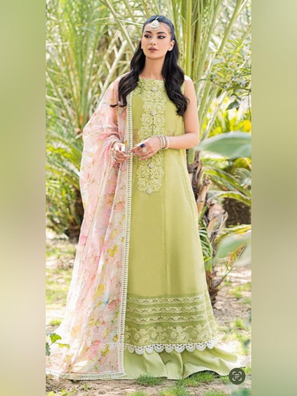 Embroidered Lime Green Maxi Dress with Floral Pink Dupatta